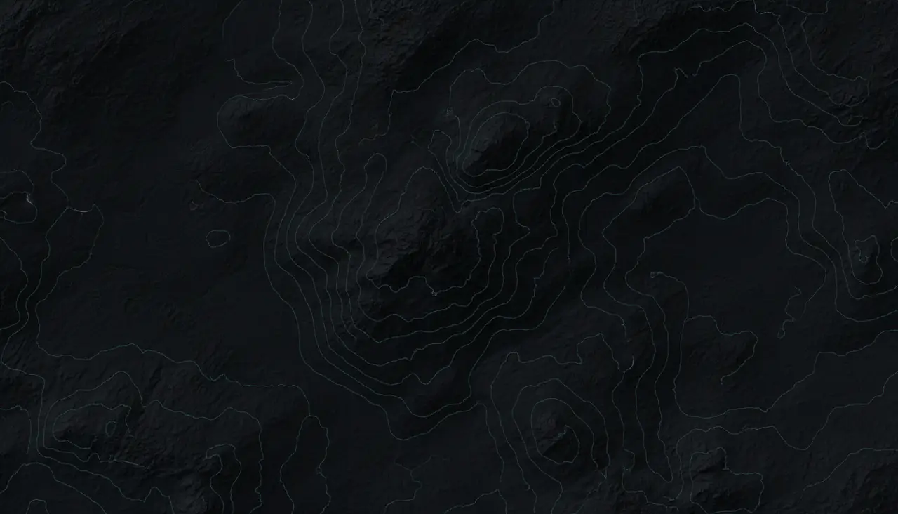 Abstract dark topographic contour field with faint cyan isolines